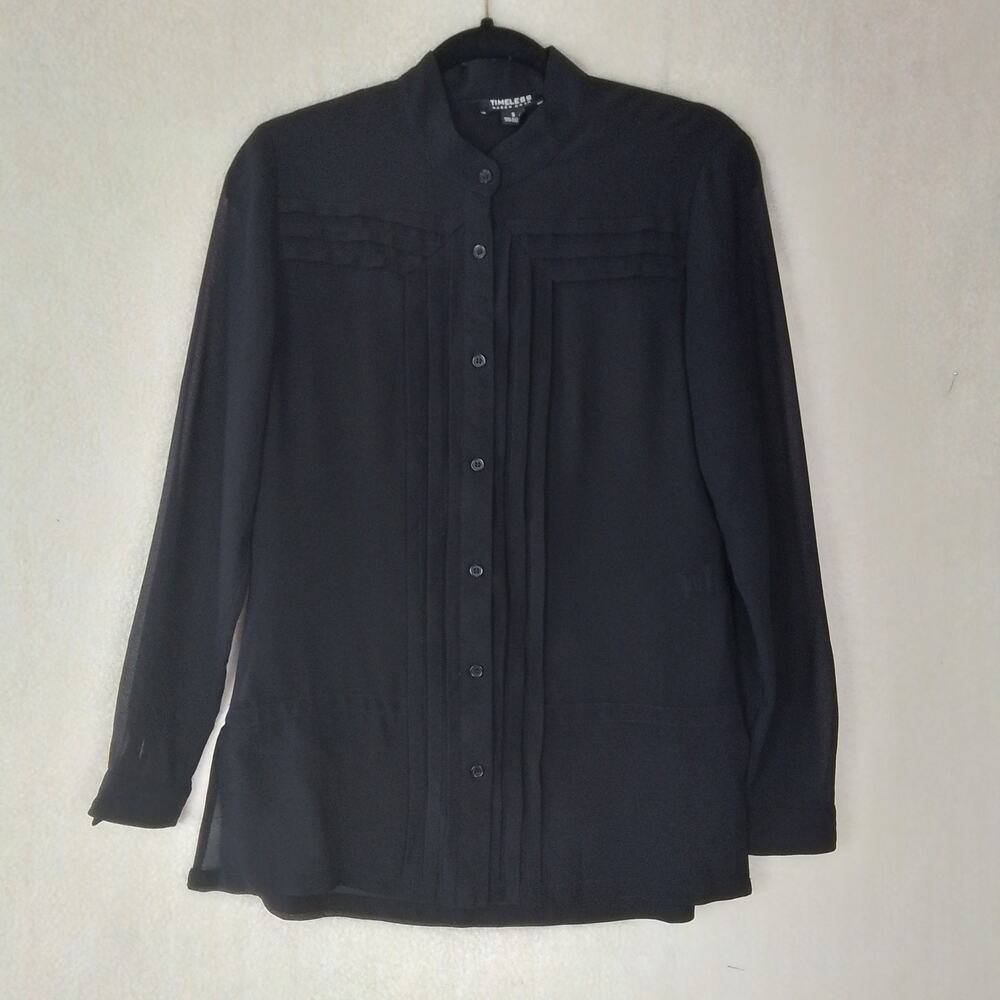 Naeem Khan Womens Blouse‎ S Black Sheer Career Long Sleeve Button Front Collared